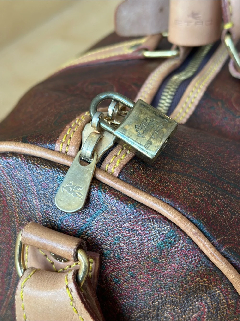 Etro Brown Paisley Travel Duffel with Tan Leather Trim 20